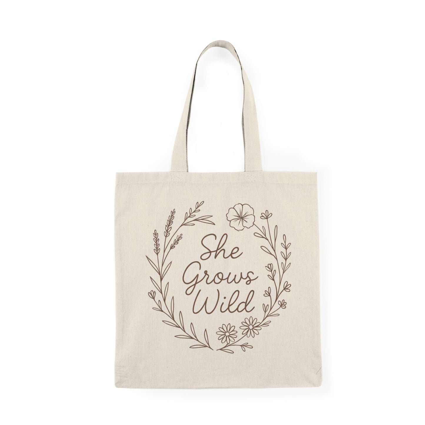 She Grows Wild Tote – Inspirational Quote Bag with Floral Line Art
