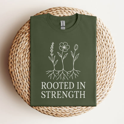 Green t-shirt with floral design and 'Rooted in Strength' text on a woven mat.